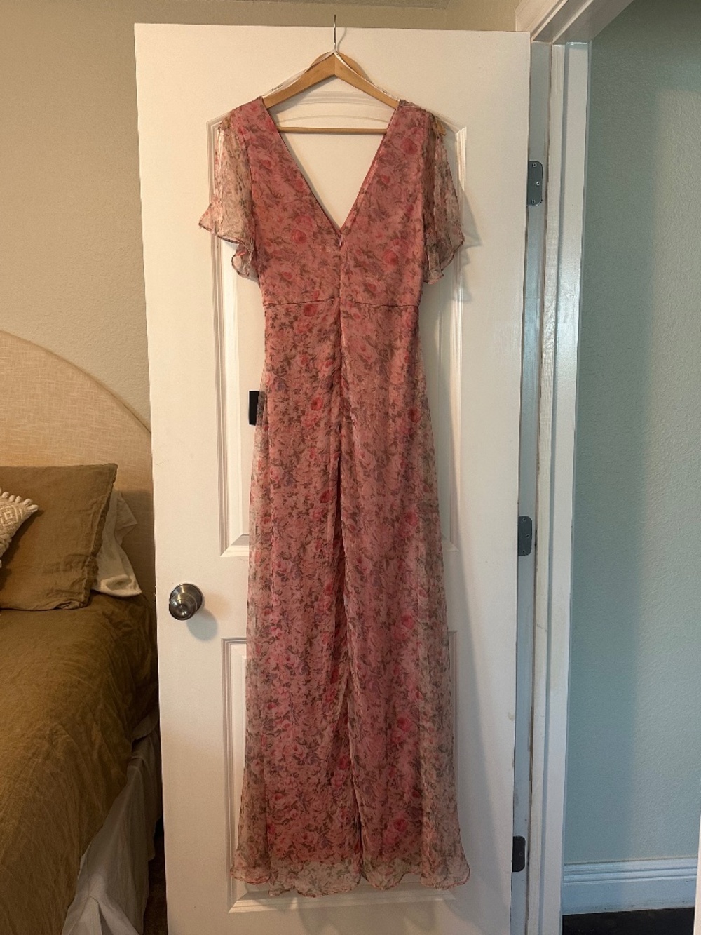 NWT Lulus Pink Floral Flutter Sleeve Maxi Dress - Large - Picture 2 of 7
